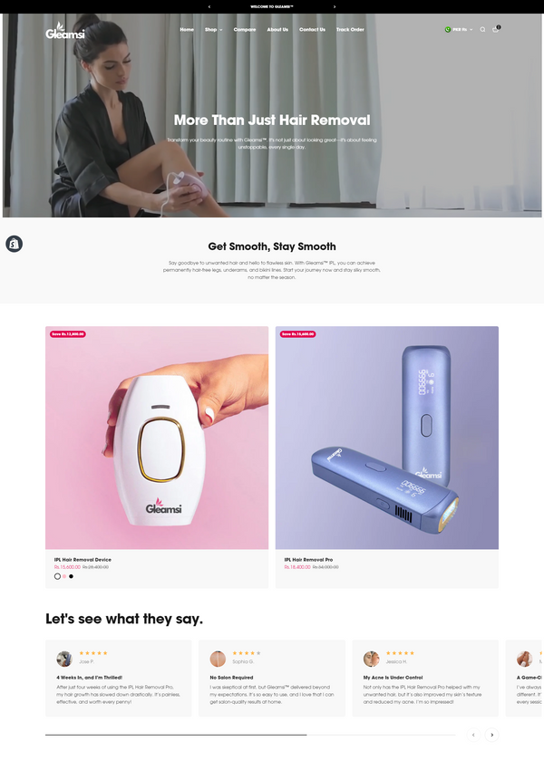 Website page for a hair removal product with images of the device and user experience.